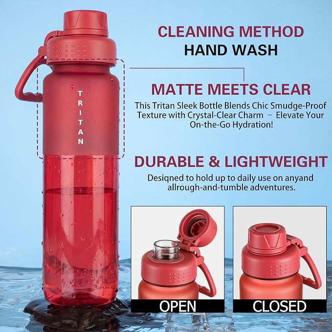 OLDLEY 32oz Water Bottle with Handle, BPA-Free Tritan Reusable Sports Water Bottle with Leak-Proof Dust Lid, Wide Mouth, Cup Holder Friendly, Half Frosted Clear Bottle for Gym,Travel, Work,Cherry Red