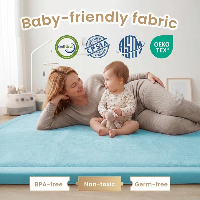 ACOMOPACK Baby Play Mat for Floor 1.3" Thick Memory Foam Play Mat 79"×118" Tummy Time Crawling with Non-slip Bottom for Living Room,Nursery,Soft Velvet Playpen Mats for Kids,Infants（Light Blue）