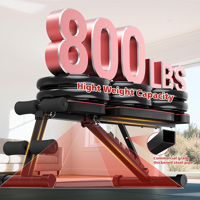 XDDIAS Workout Bench, 10 Backrests Adjustable Weight Bench with Extended Headrest, 800LBS Foldable Weight Bench for Home Gym, Incline Decline Flat Bench Compact for Small Space Training
