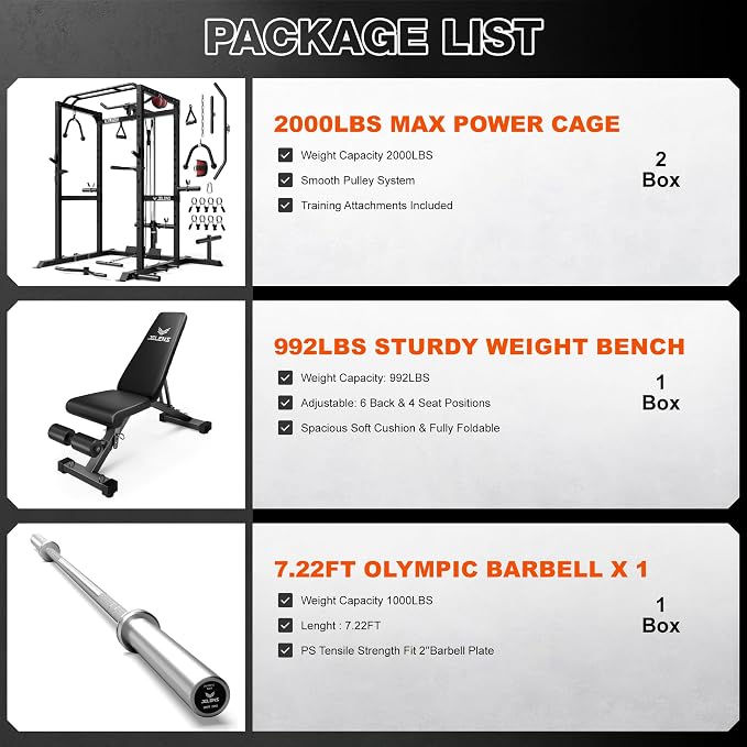 JELENS S21 Power Cage, Multi-Function Power Rack with Adjustable Cable Crossover System, 2000LBS Squat Rack for Home Gym with More Training Attachments