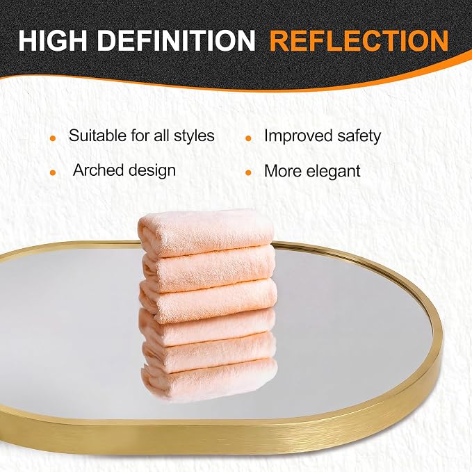 Oval Bathroom Vanity Mirror for Wall, 40''x28'' Gold Oval Bathroom Mirror for Over Sink, Bedroom, Living Room, Entryway, HD Tempered Glass, Wall Mounted Horizontally or Vertically