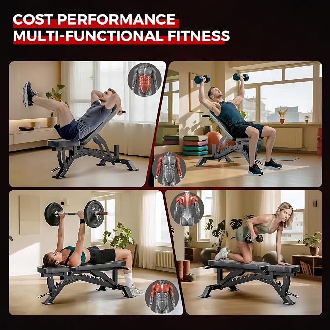Weight Bench, Adjustable Workout Bench for Home Gym Full Body Workout, 1300LBS Weight Capacity Bench Press, Flat/Incline Bench with 33" Extra-Long Backrest & Wheels