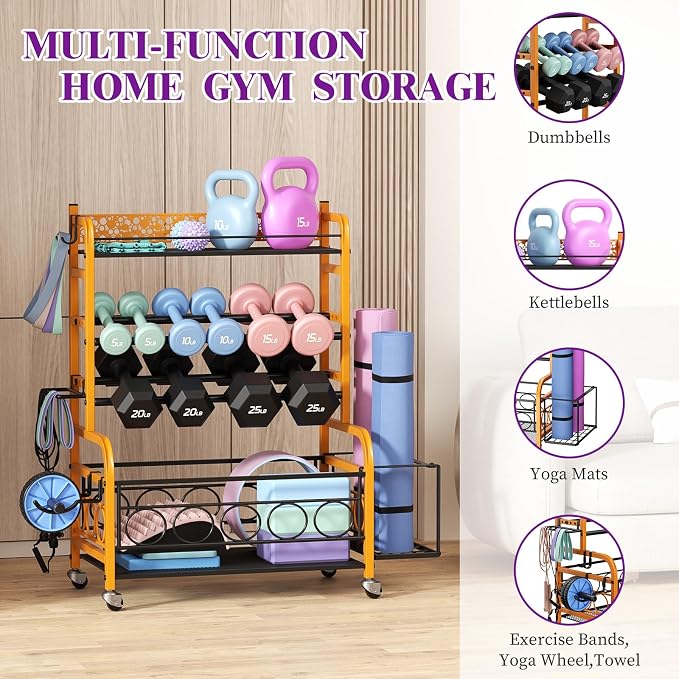 VOPEAK 3-Tier Dumbbell Rack with Wheels, Weight Rack for Home Gym Storage | Stores dumbbells, kettlebells & yoga mats. Lockable wheels for mobility. Sturdy steel frame, easy 15-min assembly