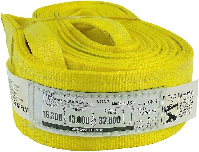DD Sling 6 Inch x 25 Foot Nylon Lifting Sling – USA Made, 16,300 lb Vertical, 13,000 lb Choker, 32,600 lb Basket – 2-Ply Heavy Duty 900 Webbing, Type 3 Flat Eye & Eye Rigging Sling