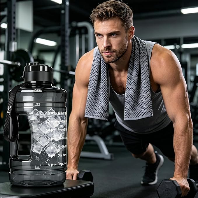 Large Water Bottle with Motivational Time Marker & Straw & Handle,2 Lids | BPA Free,Gallon Water Jug, Half Gallon water Bottle for Sport Gym Camping Workout Outdoors Yoga (Clear Black)