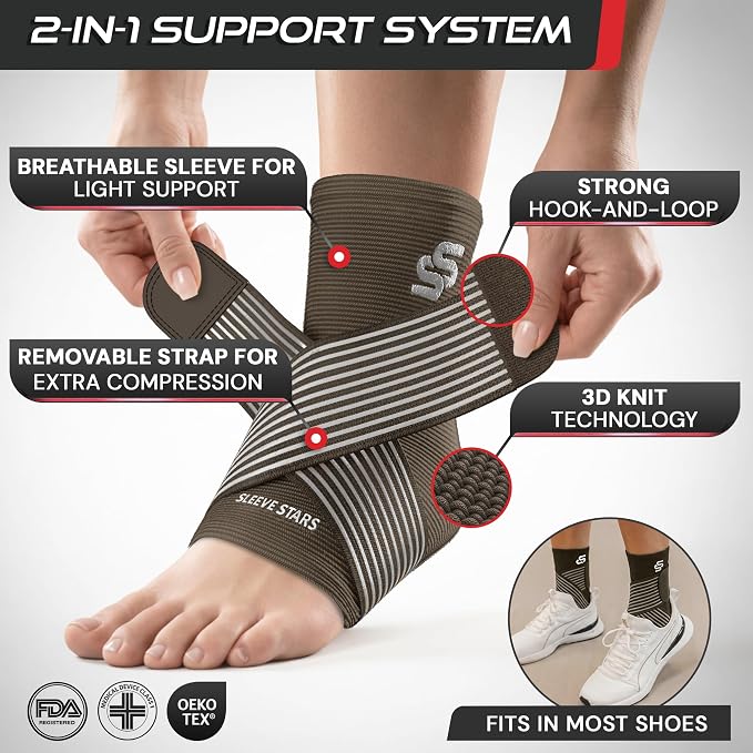 Sleeve Stars Ankle Brace for Women & Men, Ankle Wrap for Sprain, Compression Sleeve for Plantar Fasciitis Relief, Easy Customizable Support: w/ Removable Strap (Single/M:10"-12"/Dark Brown)