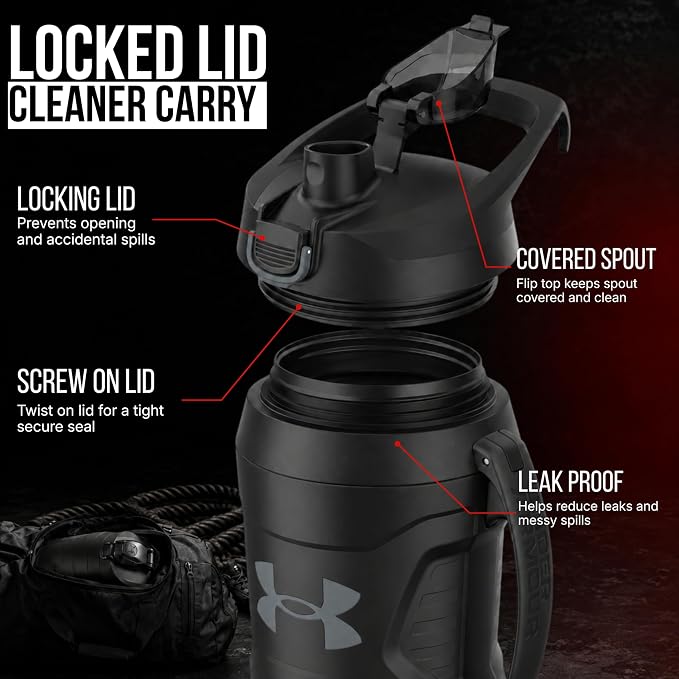 Under Armour Insulated Water Bottle with Handle & Fence Hook, Half Gallon Sports Water Jug, Leak-Resistant & BPA-Free for Baseball, Football & Gym - Black/Black, 64oz
