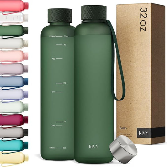 KIVY Slim Water Bottle 32oz Tritan - Lightweight & Shatterproof - BPA-Free | Reusable Tritan Water Bottle with Measurements - Leak Proof Bottle for Women & Men - Dishwasher Safe - Skinny Water Bottle