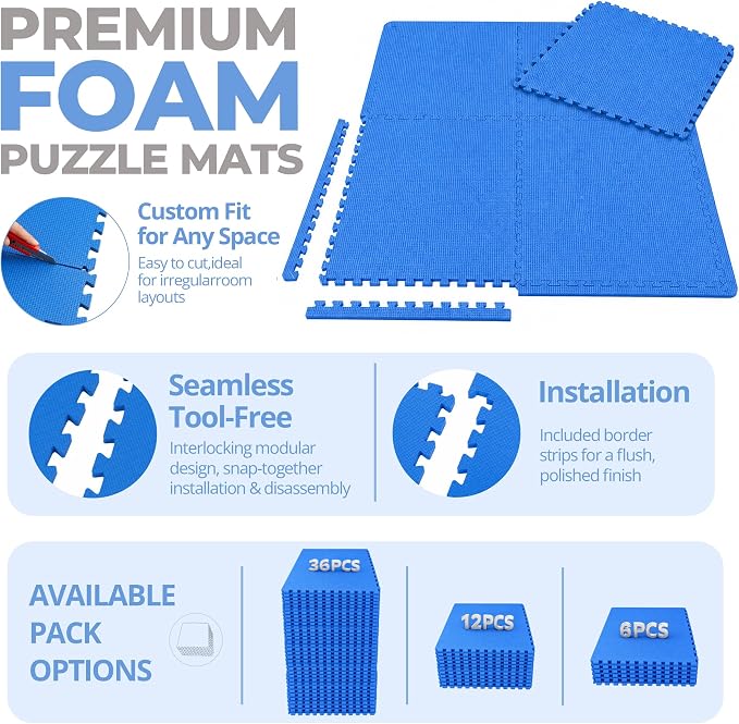 HulkFit Puzzle Exercise Mat, 1/2 Inch EVA Interlocking Foam Gym Flooring for Home Gym, Garage, Apartments, Shock-Absorbing Floor Tiles Workout Mat for Workout Equipment, MMA, Gymnastics, 12 Tiles