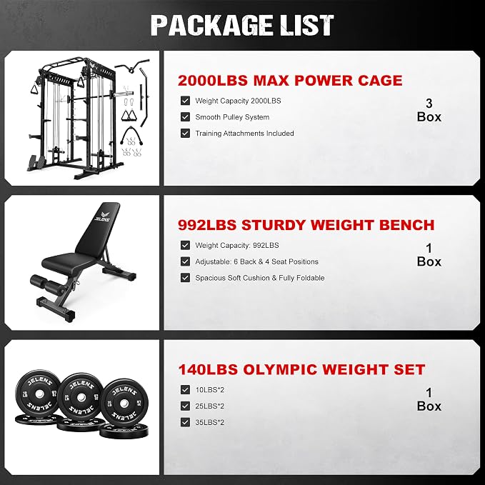 JELENS M21 Smith Machine, Multi-Function Power Cage with Dual Pulley Cable Crossover System, 2000LBS All-in-One Squat Rack with Smith Bar and Attachments for Home Gym