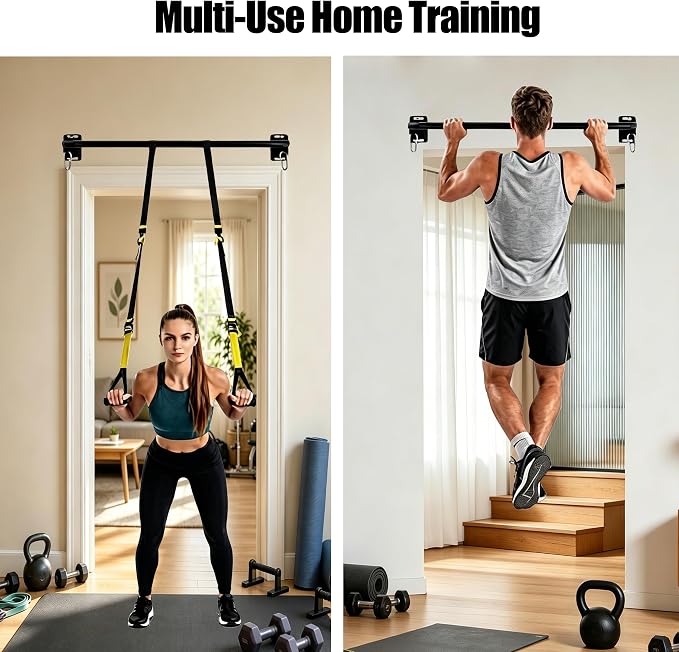 Wall Mounted Pull Up Bar, Carbon Steel Doorway Chin Up Bar for Home Gym | Reinforced plate supports fit joists and studs, creating a stable space-saving upper-body strength training station.