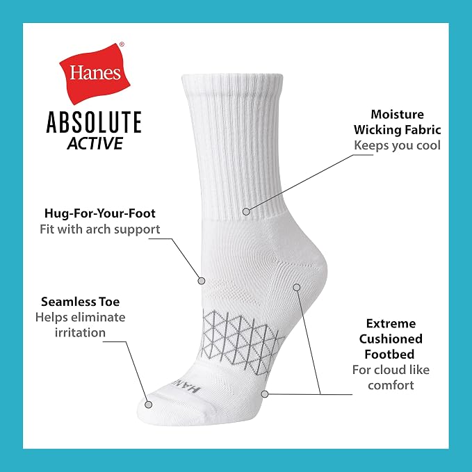 Hanes Women's Socks, 4-pack, Absolute Active Cushioned Moisture-wicking Best Women's Socks, Crew, Ankle and No Show
