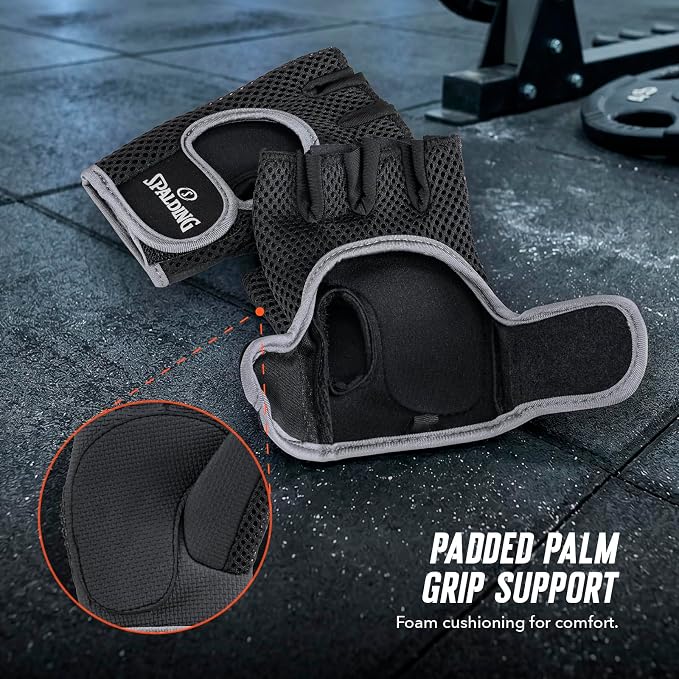 Spalding - Gym Gloves, Mesh Workout Gloves with Foam Padded Palm for Grip, Lightweight & Breathable, One Size Fitness Training Gloves for Weightlifting Exercise