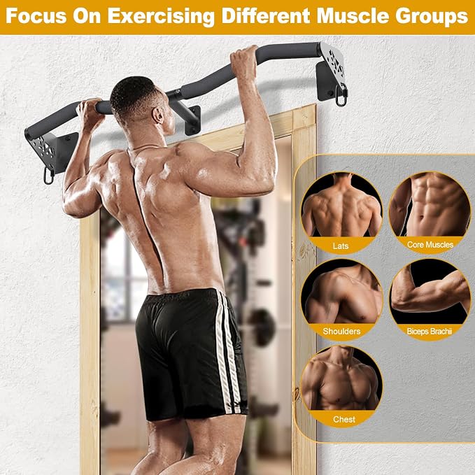 Kipika Wall Mounted Pull Up Bar - Heavy Duty 500 LB Capacity Doorway Chin Up Bar for Home Gym, Sturdy Steel Construction with Resistance Band Hooks | Hanging Exercise Bar for Full Body Workout