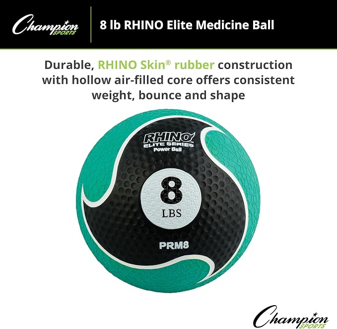 Champion Sports Rhino Elite Medicine Ball – Textured Surface, Superior Grip, Hollow Synthetic Rubber for Consistent Bounce & Durability, Multiple Weights & Colors - Optional Rebounder Sold Separately