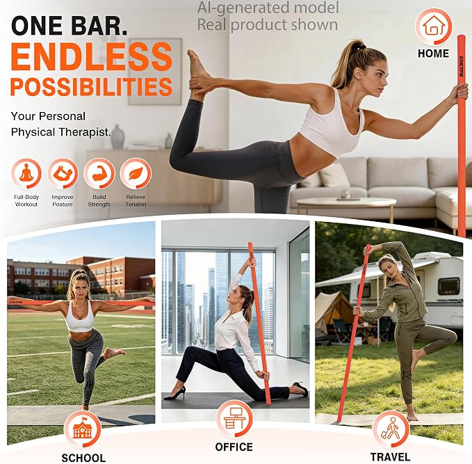 Adjustable Yoga Stick for Stretching & Balance, Upgraded Workout Pilates Equipment for Back Posture Corrector, 4-Section Steel Mobility Bar for Flexibility, Physical Therapy, Exercise Training