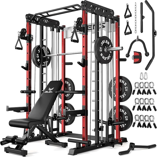 JELENS Smith Machine for Home Gym, Multi-Function M12 Power Cage with Cable Crossover System, Squat Rack with Smith Bar and More Attachment