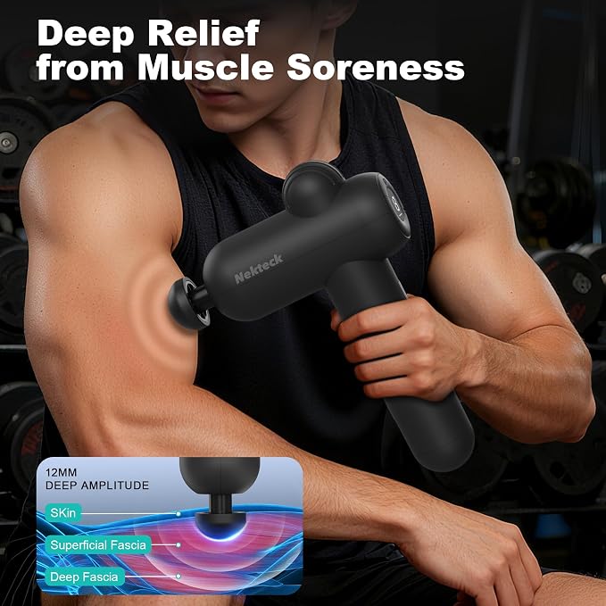 Nekteck Massage Gun Deep Tissue - 12mm Amplitude, 30 Speeds, Full-Body Muscle Relaxation Device with 5-Head for Pain Relief, Quiet USB-C Rechargeable Percussion Muscle Massager for Home Office Travel