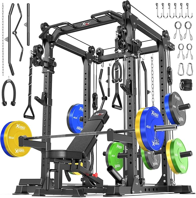 Power Rack Power Cage Multi-Function Squat Rack with Cable Crossover System Selectable More Training Attachment Power Rack for Garage & Home Gym