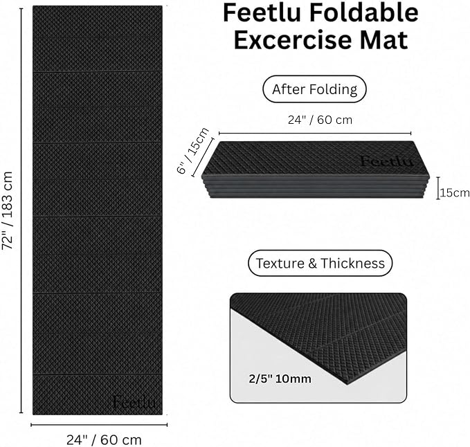 Foldable Yoga Exercise Mat, 6mm/8mm/10mm/12mm Thickness, 72 x 24 Inch - Lightweight, Anti-Slip, and Easy to Store for Yoga, Pilates, Home Workouts, and Floor Exercises