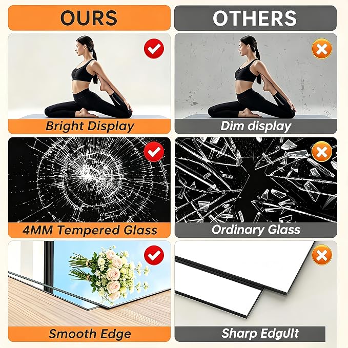Home Gym Mirror 48"x24" 2-Pack, Thick HD Explosion-Proof Tempered Glass, Frameless Full Body Wall Mount Mirror for Yoga Garage Bedroom