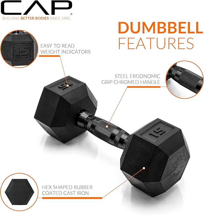 CAP Rubber Coated Dumbbell Weights, Free Weights for Home Gym Strength Training, Anti-Roll Hex Dumbbells with Black, Chrome & Comfort Grip Handles, Pairs & Sets