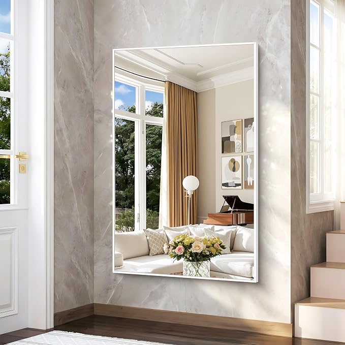BONEWEI White Bathroom Mirror,60x40 inch Wall Mirror for Bathroom Wall Mounted,Large Rectangle Mirror for Bathroom Over Sink,Modern Metal Frame for Living Room,Bedroom Entryway,Horizontal/Vertical