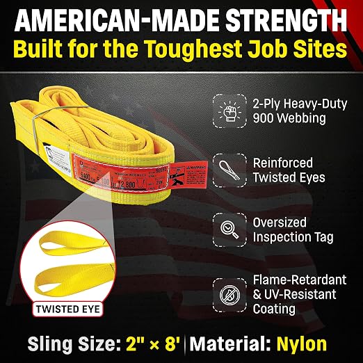 DD Sling (USA Made). 2" wide X (4' to 20' lengths) in Listing! 2 Ply Twisted Eye, Nylon Lifting Slings, Eye & Eye, Heavy Duty (900 webbing), 6,400 lbs Vertical, 5,100 Choker, 12,800 Basket Load Capacity (2inX8ft)