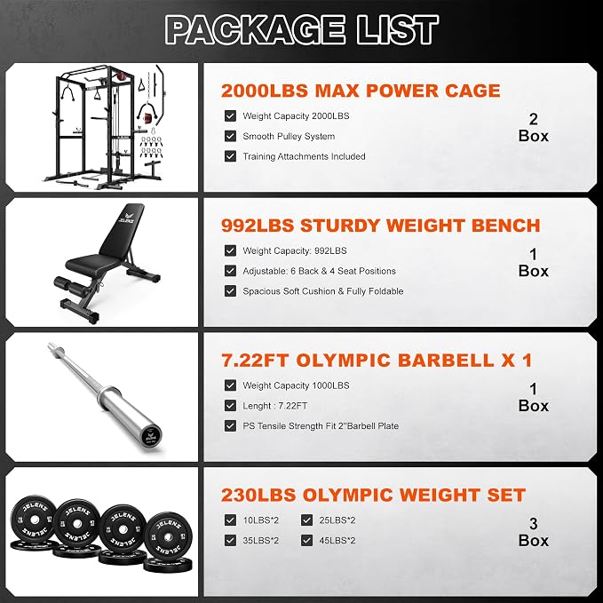 JELENS S21 Power Cage, Multi-Function Power Rack with Adjustable Cable Crossover System, 2000LBS Squat Rack for Home Gym with More Training Attachments