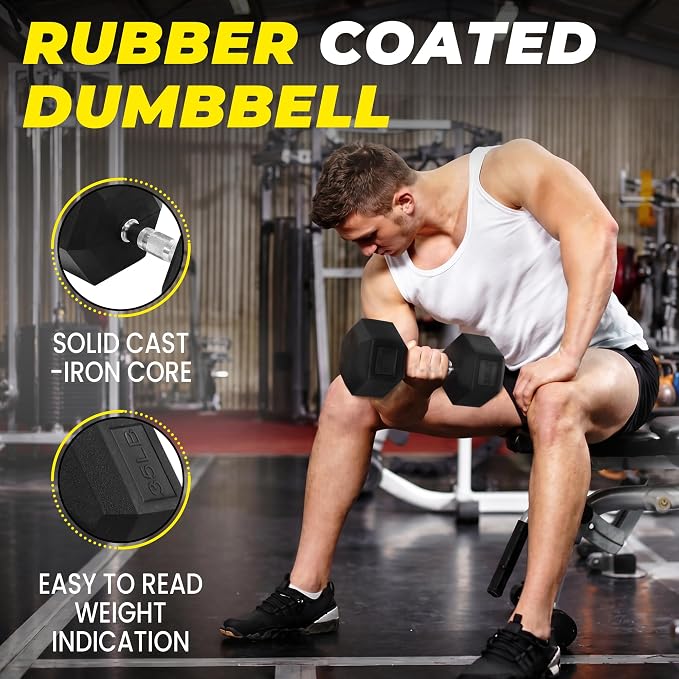 HulkFit Rubber Coated Hex Dumbbells, Anti-Roll Hand Weights Set of 2, Non-Slip Ergonomic Handle Low Odor for Home Gym
