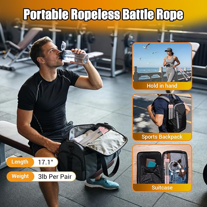 Portable Ropeless Battle Ropes, Adjustable Weights Cordless Battle Ropes for Home Gym with Storage Bag, Weighted Exercise Equipment for Low-Impact Workout, Strength & HIIT, for Men & Women