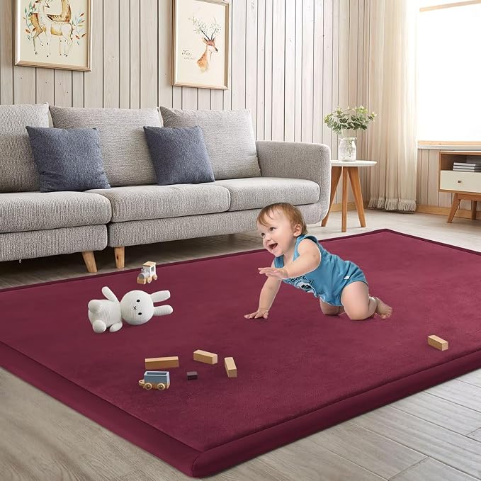 Baby Play Mat for Floor Nursery Muscle Area Rug Playroom Rug 74x50" Memory Foam 1.3" Thick Crawling Mat for Babies,Toddlers, Infants(Burgundy)