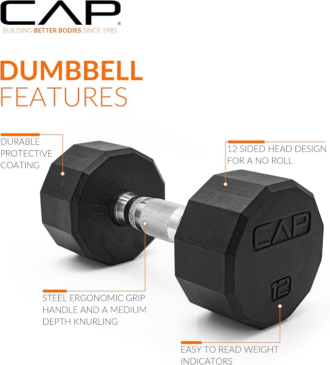 CAP Rubber Coated Dumbbell Weights, Free Weights for Home Gym Strength Training, Anti-Roll Hex Dumbbells with Black, Chrome & Comfort Grip Handles, Pairs & Sets
