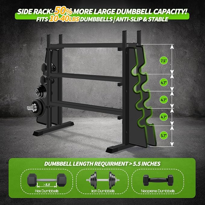 Heavy Duty Dumbbell Rack, 2-Side Extension Holder for Home Gym Storage Rack | Adjustable Width, Large Weight Capacity, Sturdy Steel Stand Only, for Dumbbells & Kettlebells Home Gym Storage Rack