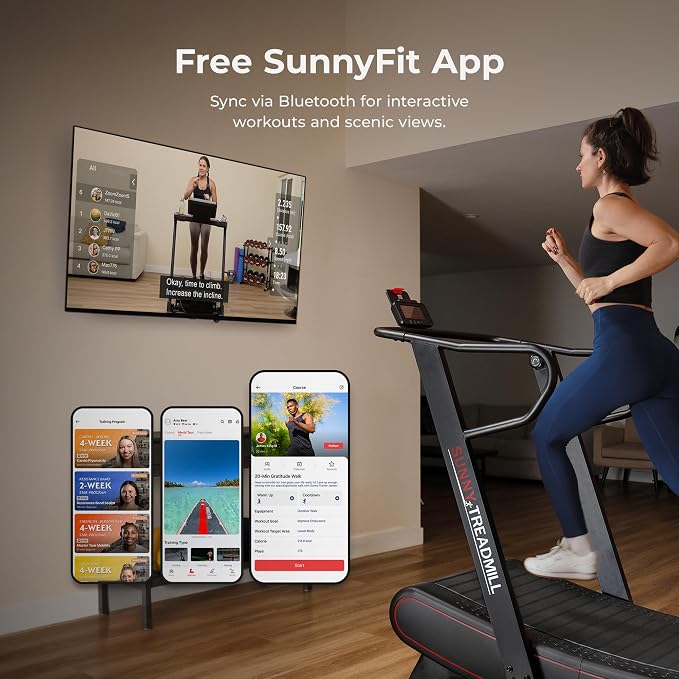 Sunny Health & Fitness Smart Curved Treadmill Ergonomic and No Speed Limit | Commercial Grade, Adjustable Magnetic Assistance, Unlimited Speed, SunnyFit App Connectivity, 330LB Capacity