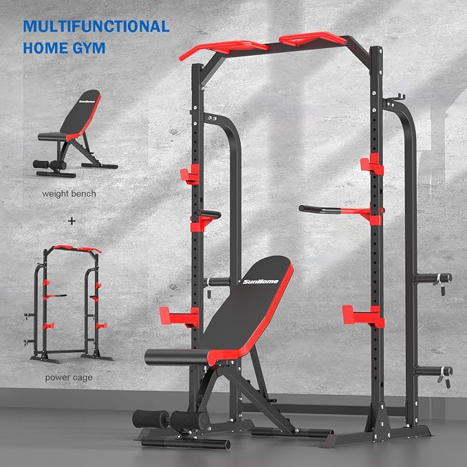 SunHome Power Cage Squat Rack, Power Rack with Pulley System, Adjustable Cable Crossover System, J-Hooks, Dip Handles, Weight Plate Storage