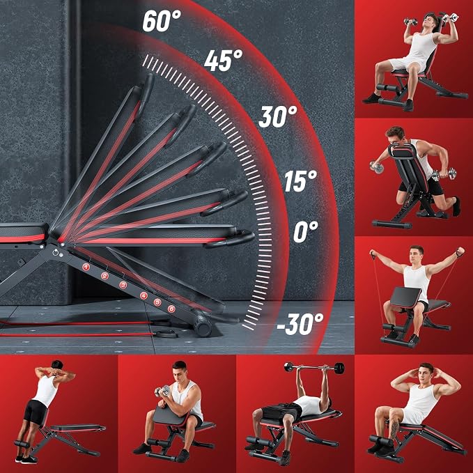 ALSO GO Adjustable Weight Bench, Workout Benches with Leg Extension, Foldable Incline Decline Bench Press, Roman Chair, Full Body Strength Training Equipment for Home Gym