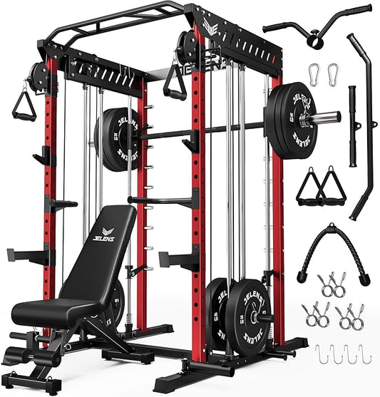 JELENS M21 Smith Machine, Multi-Function Power Cage with Dual Pulley Cable Crossover System, 2000LBS All-in-One Squat Rack with Smith Bar and Attachments for Home Gym