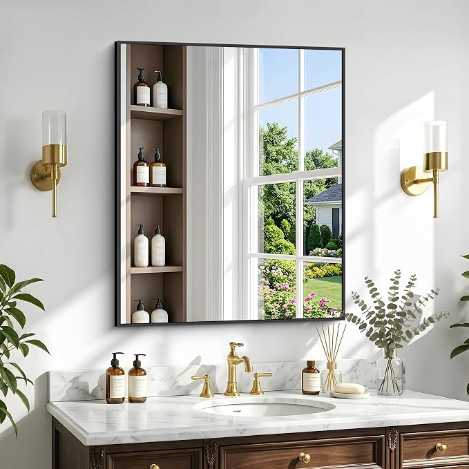 30"x36" Bathroom Mirror for Over Sink, Large Black Rectangle Mirrors for Wall, Black Framed Rectangular Mirror for Living Room Bedroom Bathroom, Hangs Horizontally or Vertically