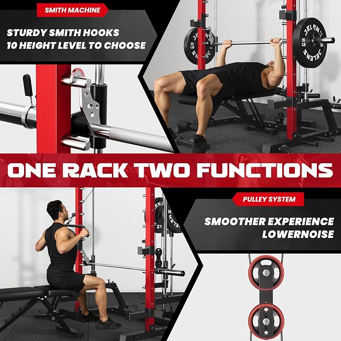 SR01 Smith Machine, 2000LBS Multi-Function Power Cage with LAT Pulldown System, All-in-One Home Gym Squat Rack with Smith Bar and Training Attachments for Full Body Workouts
