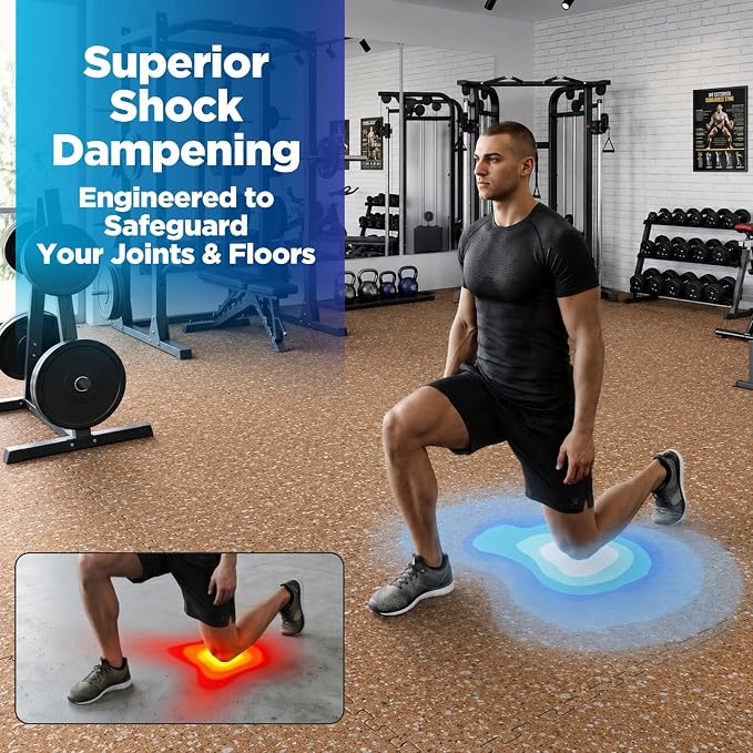 1'' Thick 96 Sq Ft Protective Gym Flooring for Home Gym, 24 Tiles Extra-Thick Rubber Top with High Density EVA Foam, Interlocking Exercise Equipment Mats, Heavy Weight Workout, Wood