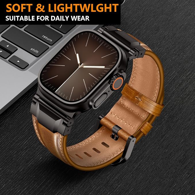 Bands Compatible with Apple Watch Ultra 3/2/1 Band 49/46/45/44mm | Genuine Leather Metal Connector Strap for iWatch Ultra Series 11/10/9/8/7/SE/6/5/4/3/2/1, Brown/Black