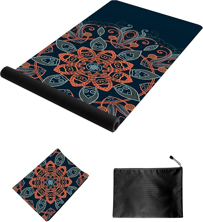 nuveti Printed Travel Yoga Mat 1/16 Inch Thick Non Slip Fitness Workout Mat | with Carrying Bag, Foldable Lightweight Suede & Natural Rubber Yoga Mat for Yoga Pilates and Fitness 72" L x 24" W x 1.5mm