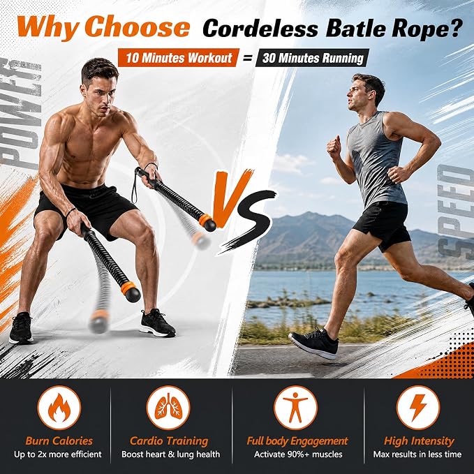 UBeesize Weighted Ropeless Battle Rope Fitness Kit with Gloves & Bag | Cordless Battle Ropes for Home Gym with Poster, 3 Adjustable Weight Rings, Portable Workout Equipment for Core Strength