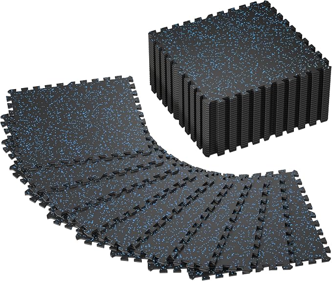 SUPERJARE 0.4'' Thick 36 Pcs 144 Sq Ft Rubber Top Exercise Equipment Mats, High Density EVA Foam Mats with Rubber Top, Interlocking Gym Flooring for Home Gym, Protective Workout Mat, Black/Blue