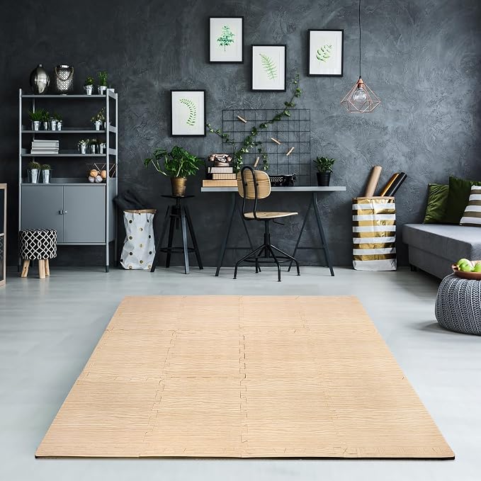 Sorbus Wood Grain Floor Mats Foam Interlocking Mats Each Tile 1 Square Foot 3/8-Inch Thick Flooring Wood Mat Tiles - Home Office Playroom Basement Trade Show (16 Tiles,16 Sq ft - Light Pine)