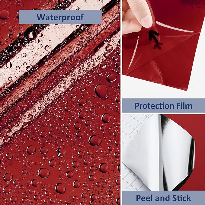 WESTICK Glossy Red Chrome Vinyl Roll Peel and Stick Metallic Permanent Vinyl for Christmas Decorations Self Adhesive Easy to Cut Red Mirror Wall Sticker for Cricut DIY Crafts Signs 15.8" x 80"