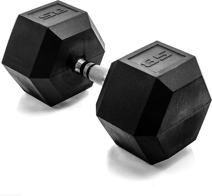 CAP Rubber Coated Dumbbell Weights, Free Weights for Home Gym Strength Training, Anti-Roll Hex Dumbbells with Black, Chrome & Comfort Grip Handles, Singles