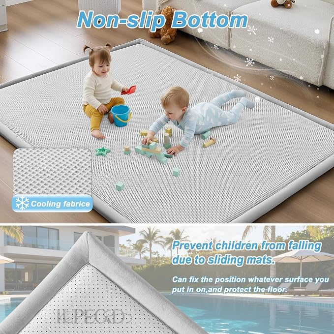 Baby Play Mat for Floor Tummy Time Nursery Rug Muscle Area Rug Playroom Rug 79x110" Elastic Foam 1.3" Thick Crawling Mat for Babies,Toddlers, Infants,Kids(Plaid Light Grey)