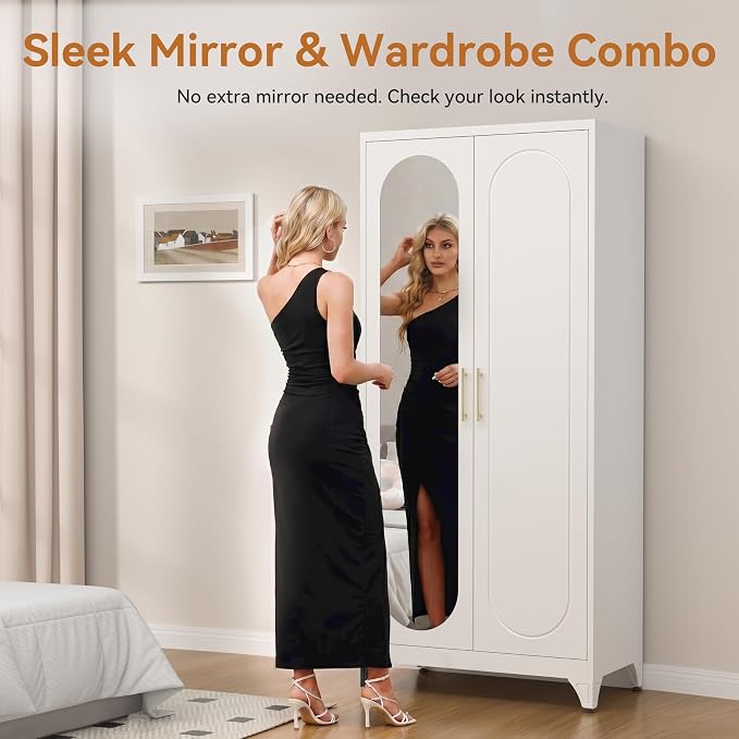 Polup Metal Armoire Wardrobe Closet with Mirror, Clothing Storage Cabinet | 71" Heavy Duty Steel Wardrobe Cabinet with Hanging Rod & Adjustable Shelves for Bedroom, Office, Clothes Organizer, White